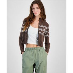PLANET HEART Womens Fair Isle Cropped Cardigan Sweater, Brown, NWT